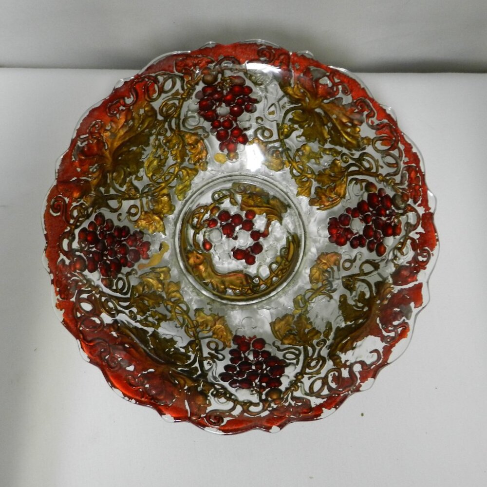 Goofus Reverse Painted Red Grapes Gold Glass Bowl Centerpiece ruffled Decor